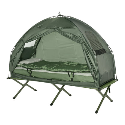 Outsunny Single Bed set up with a sleeping bag and pillow inside a green tent on a metal frame