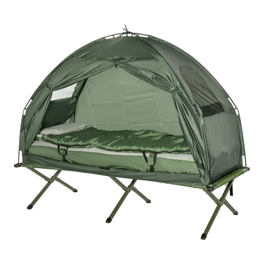 Outsunny Single Bed set up with a sleeping bag and pillow inside a green tent on a metal frame
