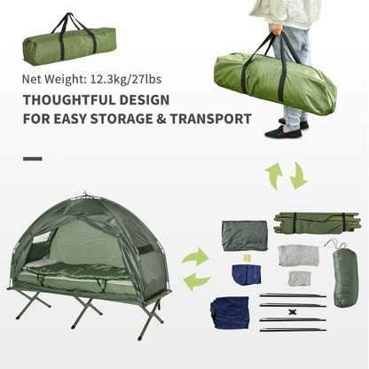 All the parts of the green camping tent bed laid out with a carry bag and instructions