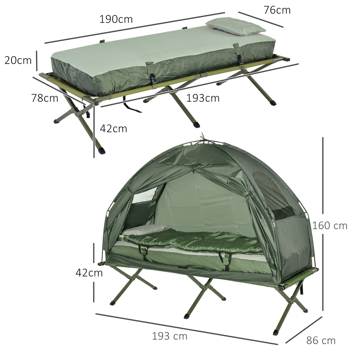 Diagram showing the dimensions of the green camping tent bed and its mattress