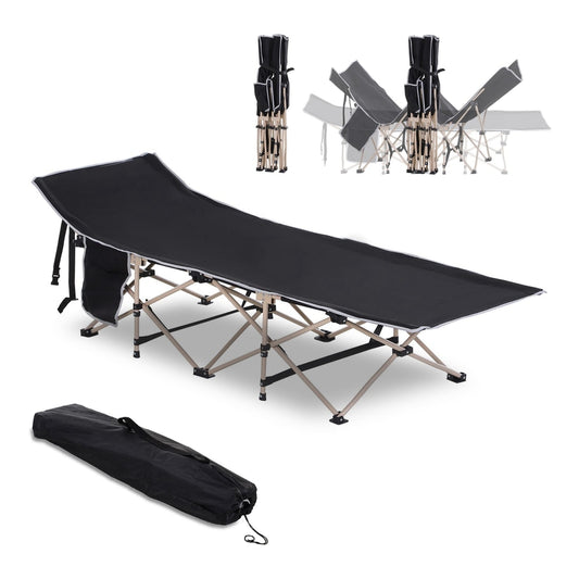 Outsunny Single Person Camping Bed shown fully assembled with its carry bag and folding sequence