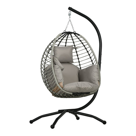 Outsunny Single Rattan Hanging Egg Chair with grey cushions on a black metal stand