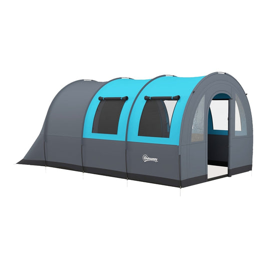 Outsunny Six Man Duo Room Tunnel Tent in grey and blue with two rooms and a tunnel entrance