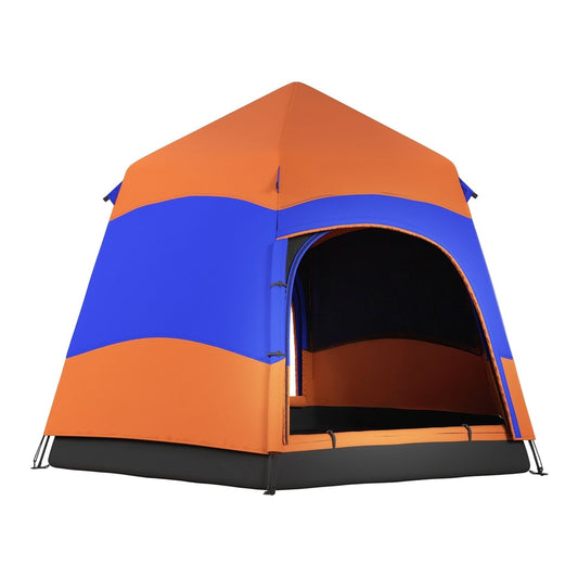 Outsunny Six Man Hexagon Camping Tent in orange and blue with an open entrance on a white background
