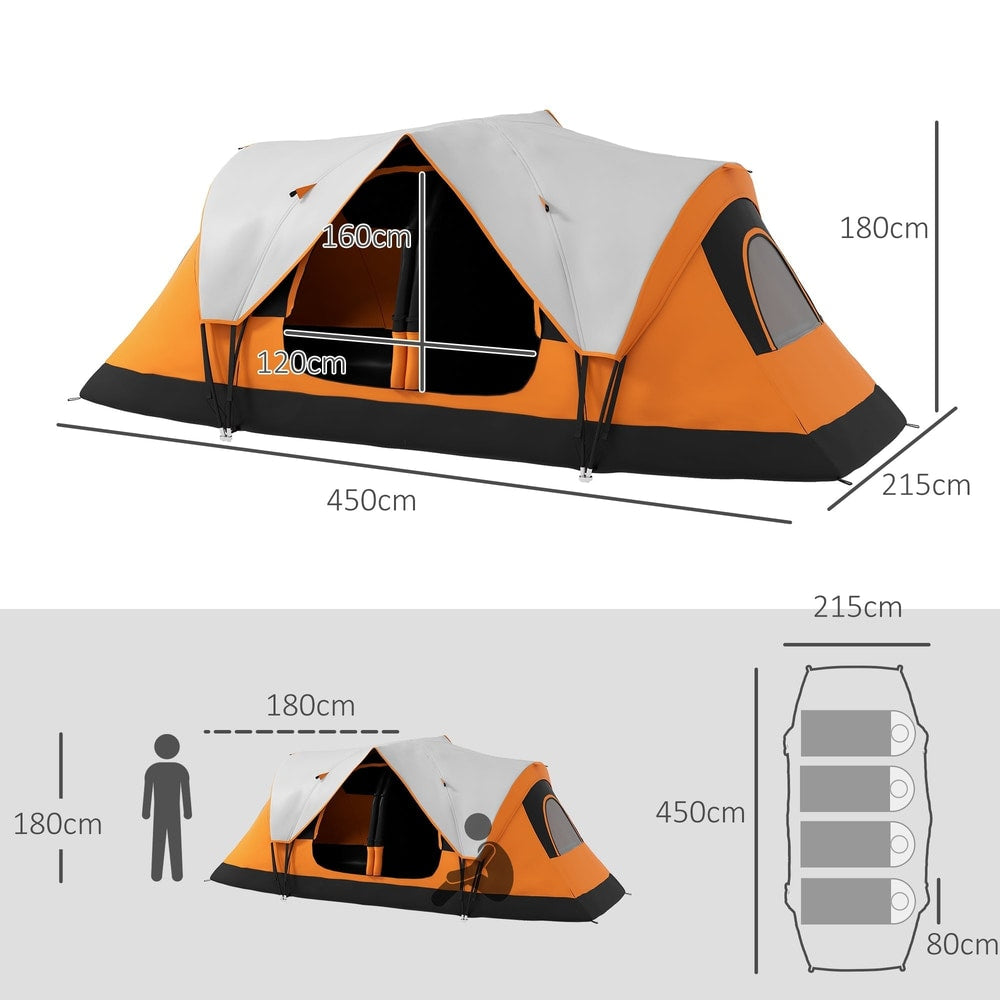 The six-man family tent with dimensions shown and a diagram of sleeping bags