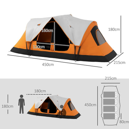 The six-man family tent with dimensions shown and a diagram of sleeping bags