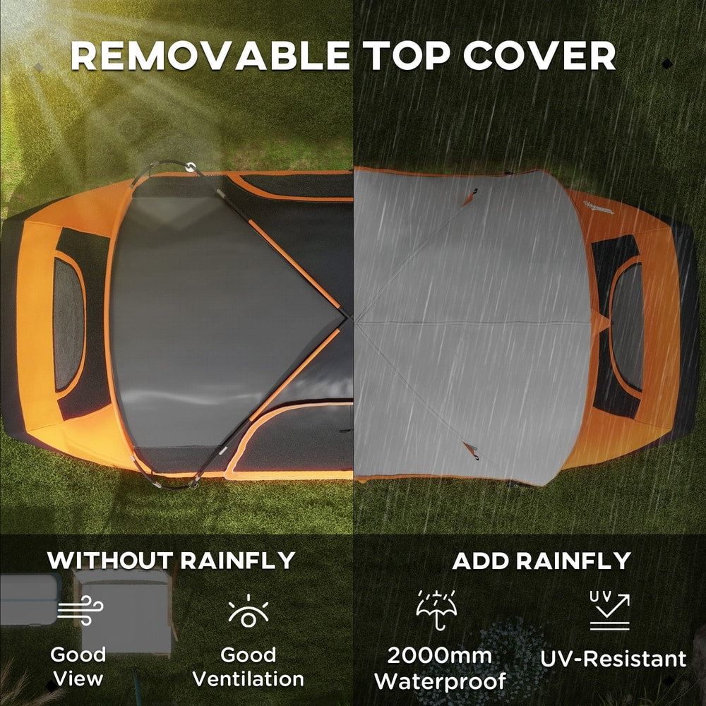 The family camping tent with its removable top cover shown in two states