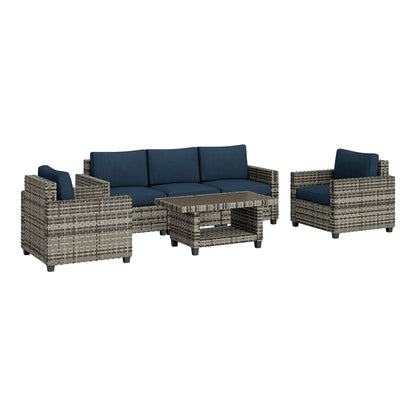 Outsunny Six-Piece Modular Rattan Sofa Set with navy blue cushions and a coffee table