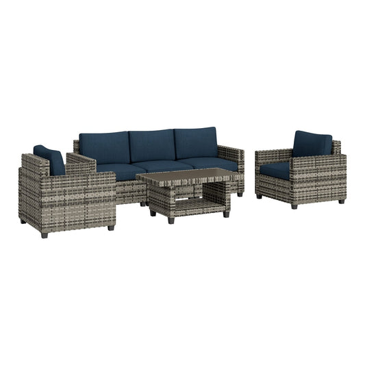 Outsunny Six-Piece Modular Rattan Sofa Set with navy blue cushions and a coffee table