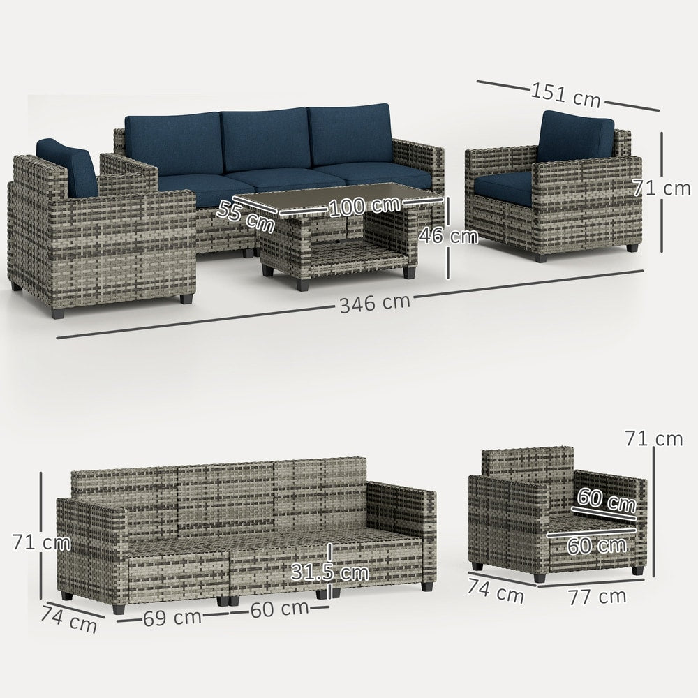Dimensions diagram for the modular rattan sofa set showing measurements for each piece
