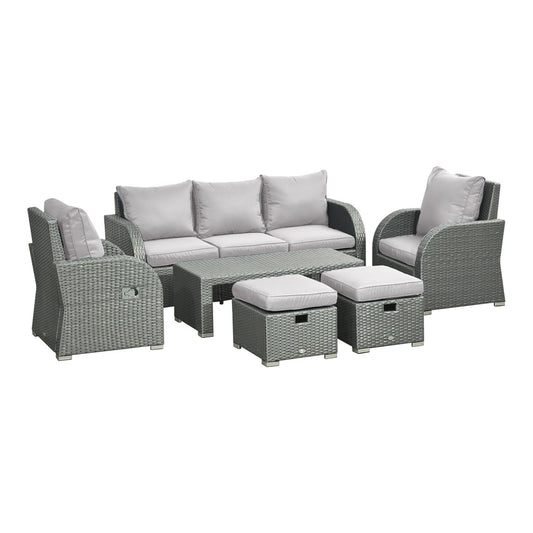 Outsunny Six-piece Outdoor Rattan Dining Set with grey cushions and metal frame