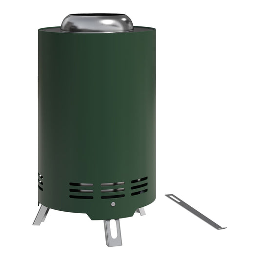 Outsunny Smokeless Fire Pit in green with a silver top and legs, a poker lies beside it