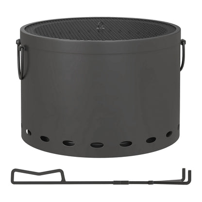 Outsunny Smokeless Fire Pit, a dark grey portable wood burning firepit with a mesh lid and a poker tool