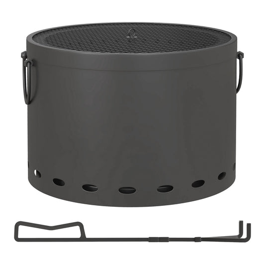 Outsunny Smokeless Fire Pit, a dark grey portable wood burning firepit with a mesh lid and a poker tool
