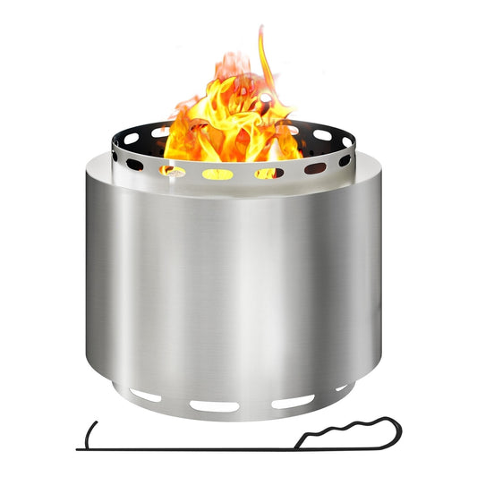 Outsunny Smokeless Fire Pit with a bright flame and a black metal poker tool on a white background