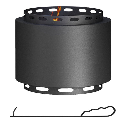 Outsunny Smokeless Fire Pit, a black metal cylinder with a poker tool below