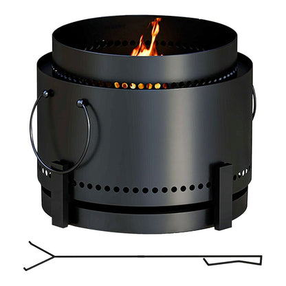 Outsunny Smokeless Fire Pit with Ash Catcher, a black metal wood burning fire pit with a poker on a white background