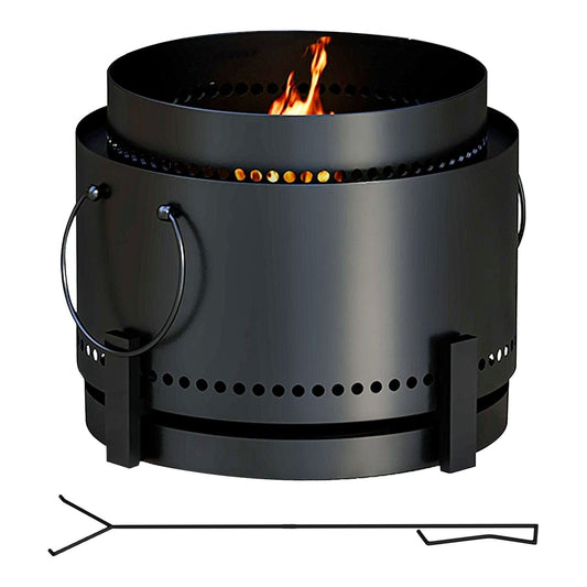 Outsunny Smokeless Fire Pit with Ash Catcher, a black metal wood burning fire pit with a poker on a white background