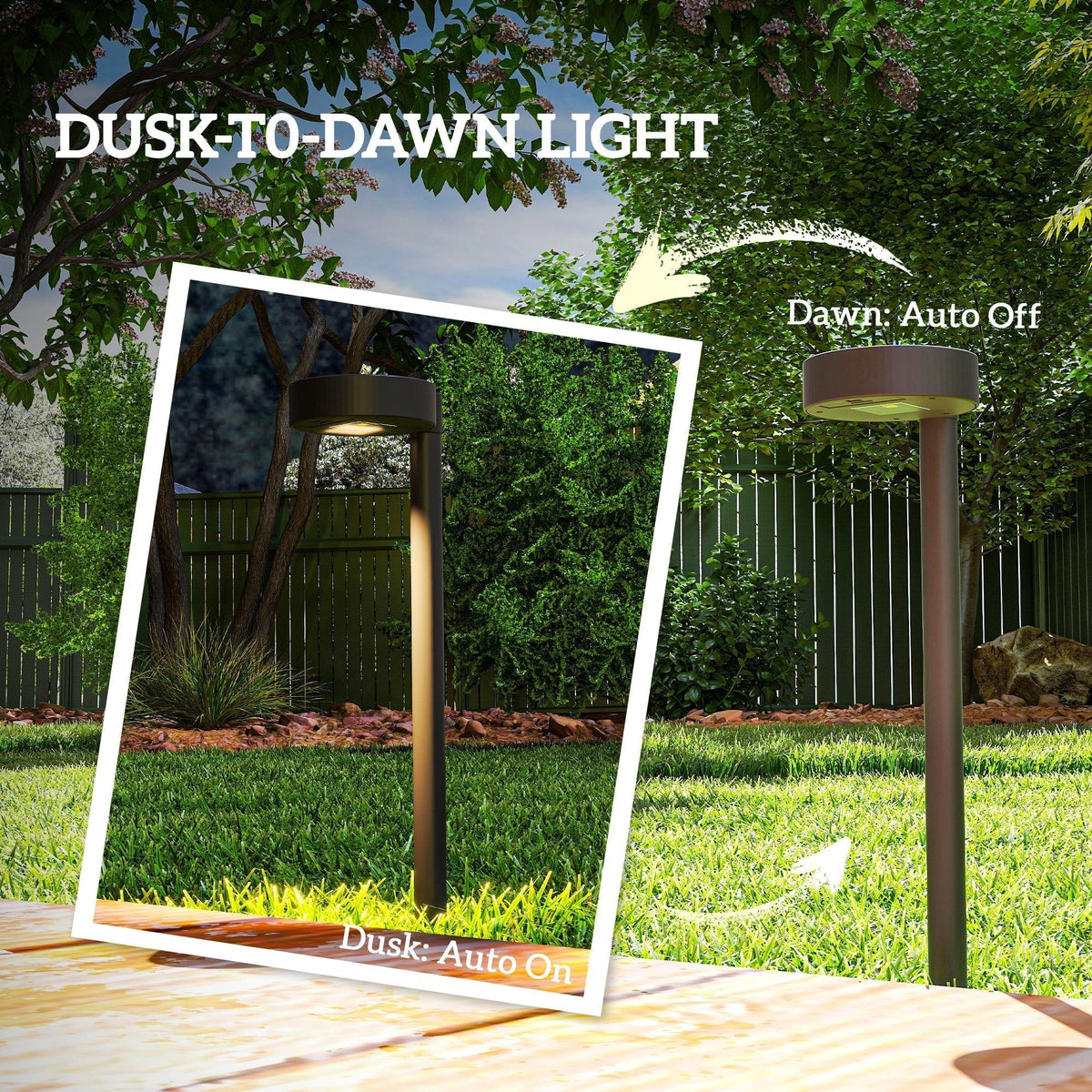 The garden lighting showing the automatic dusk to dawn sensor function in a garden setting
