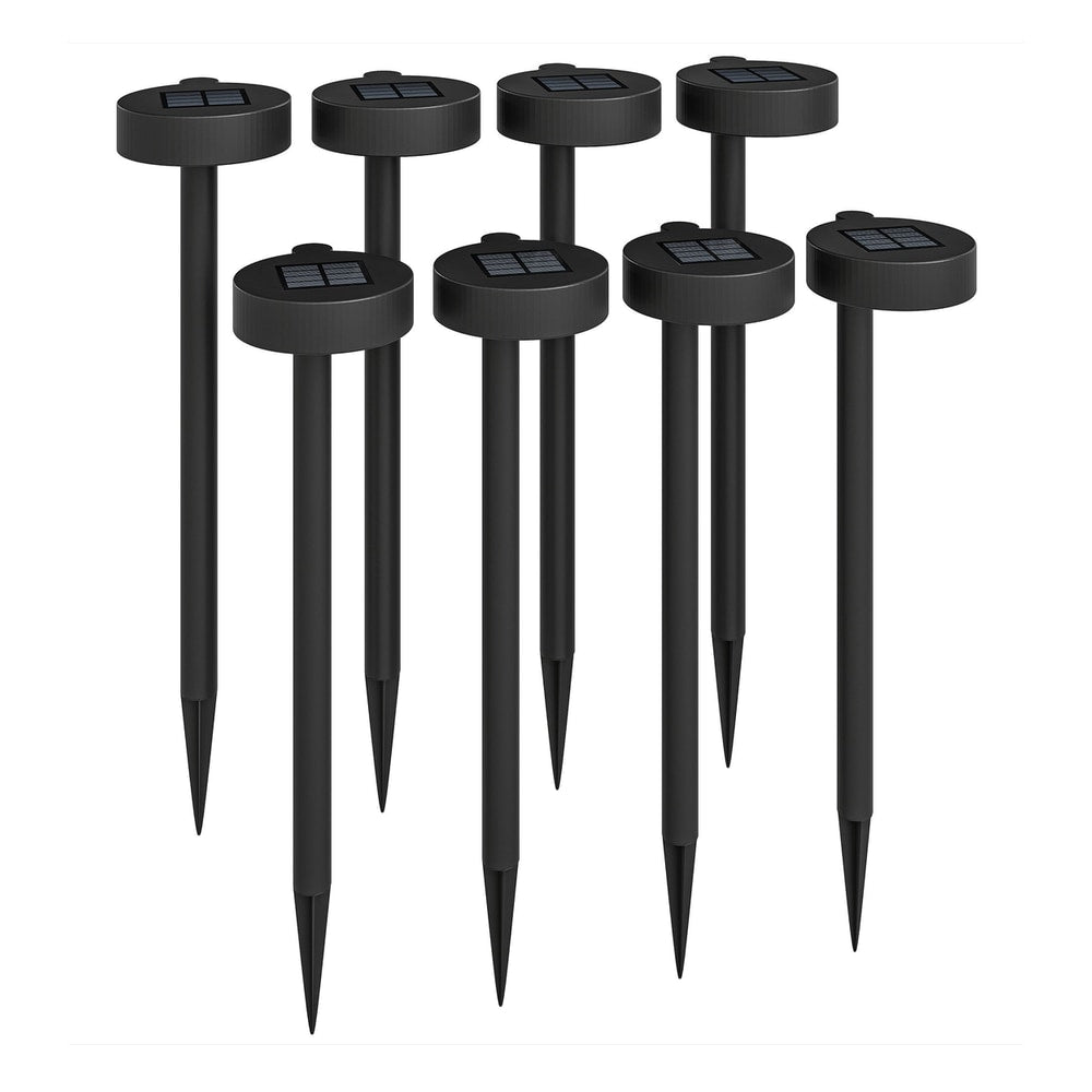 Outsunny Solar Lights arranged in a group of eight black garden stakes with solar panels on top