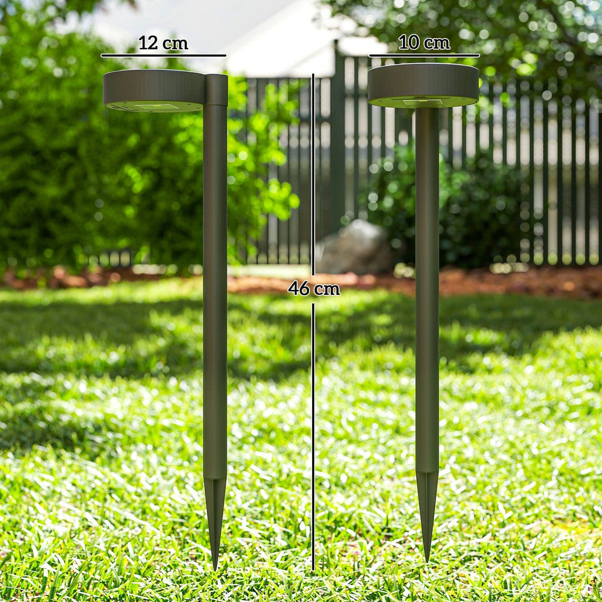 The garden lighting showing dimensions for the height and width of the stake against a lawn