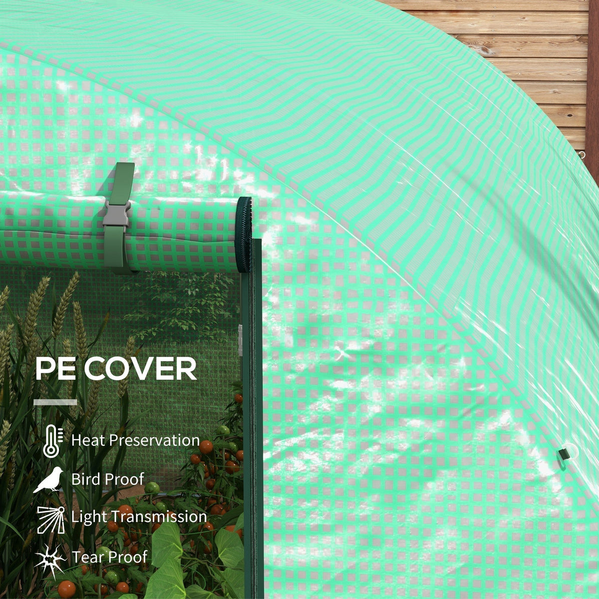 Close up of the green PE cover of the polytunnel greenhouse showing its texture