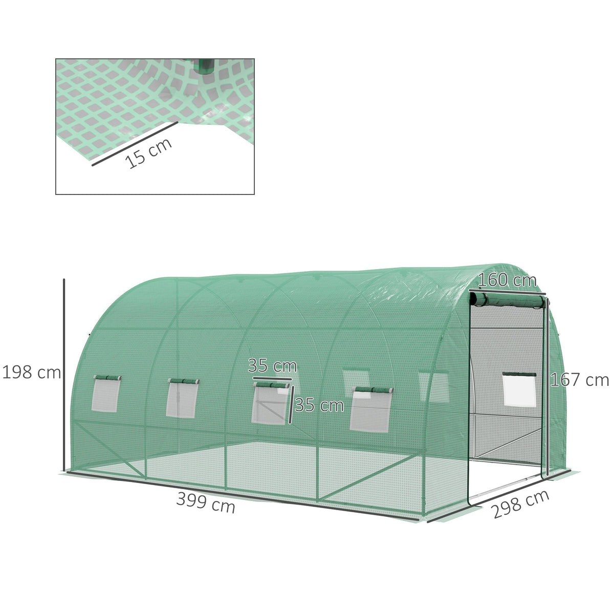 A green polytunnel greenhouse with dimensions shown for length, width and height