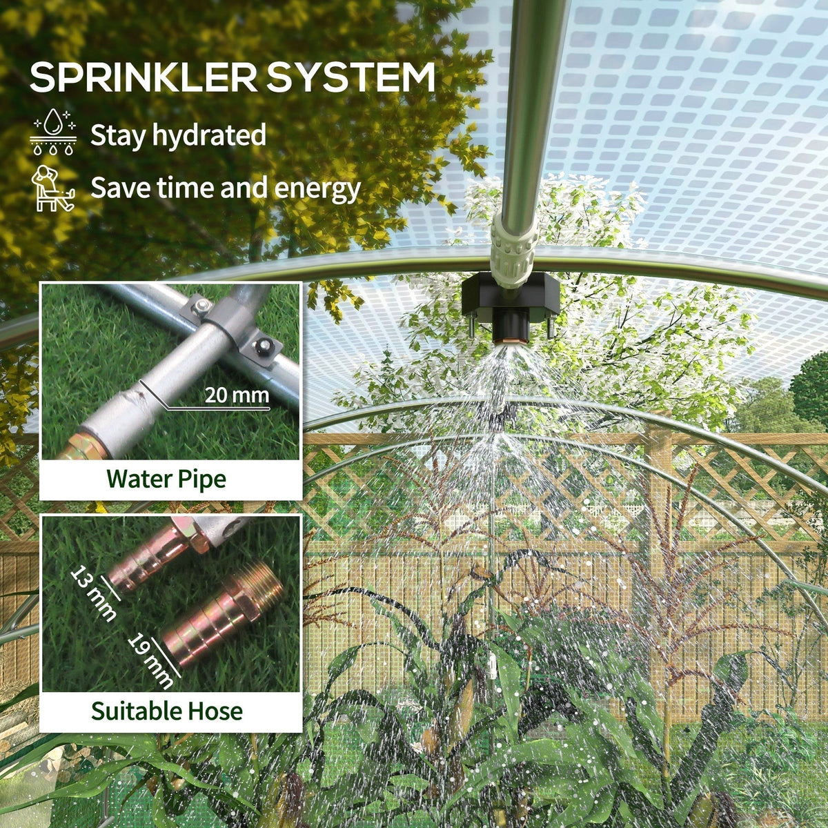 Close up of the sprinkler system inside the polytunnel greenhouse with water spraying