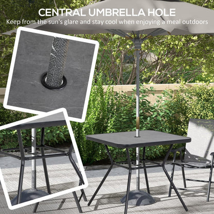 The garden table with a parasol inserted through the central hole