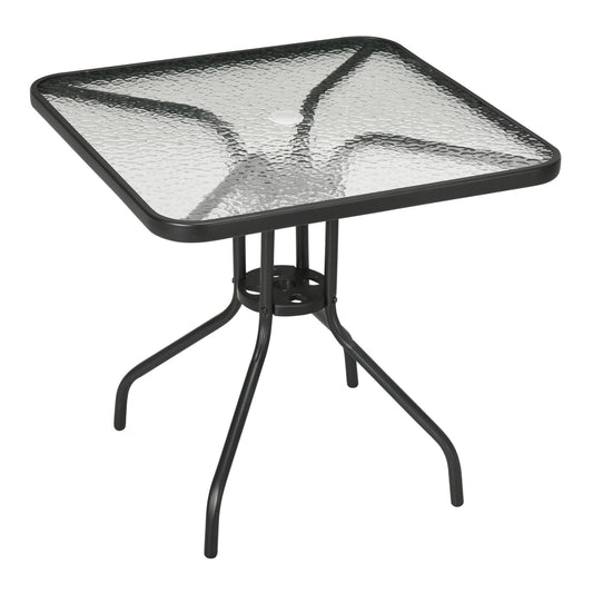 Outsunny Square Garden Dining Table with a black metal frame and a textured glass top