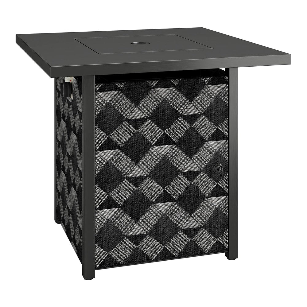 Outsunny Square Propane Gas Fire Pit Table with a decorative patterned base and a black top