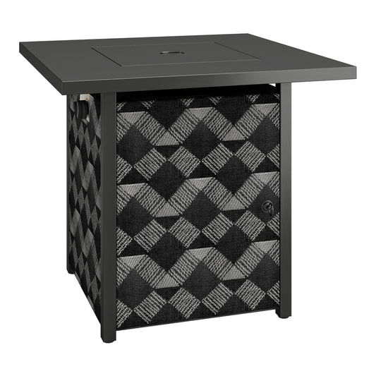 Outsunny Square Propane Gas Fire Pit Table with a decorative patterned base and a black top