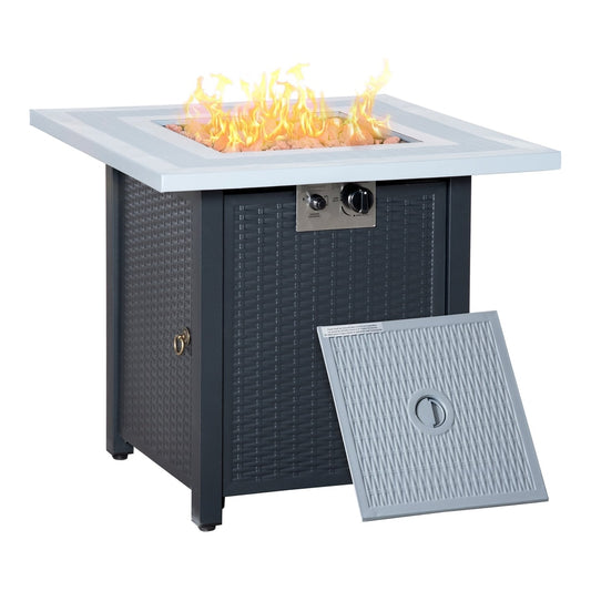 Outsunny 40000 BTU Gas Firepit Table with a grey woven effect body and white top, flames burning
