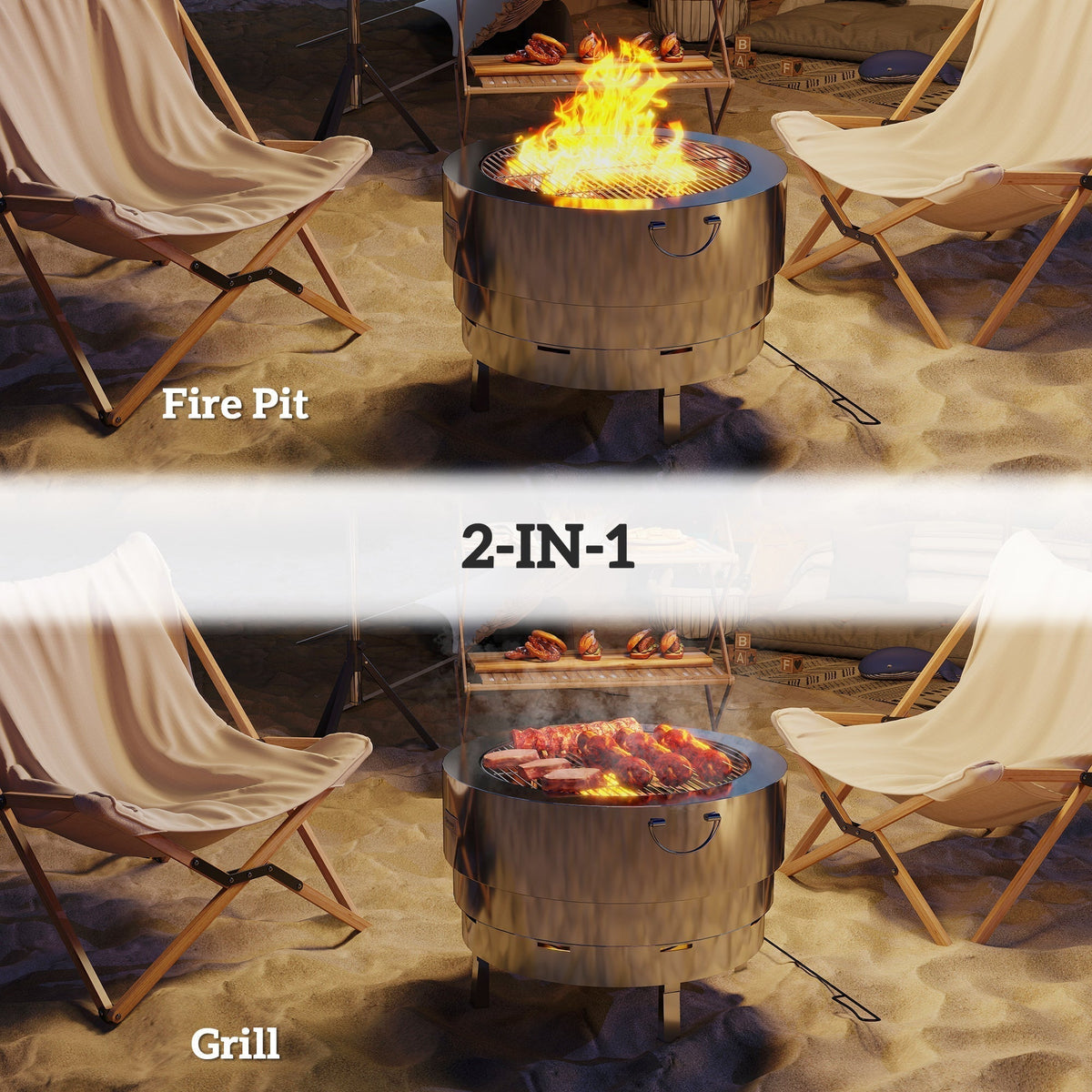 The outdoor heater shown as a fire pit and then as a grill with food cooking on top