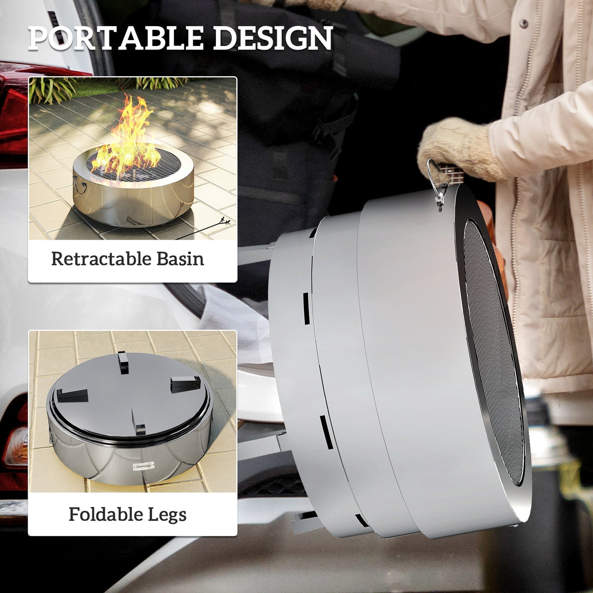 The portable fire pit being carried with close-ups of the basin and folded legs