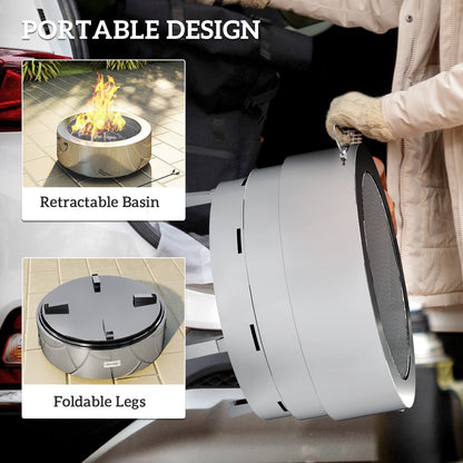 The portable fire pit being carried with close-ups of the basin and folded legs
