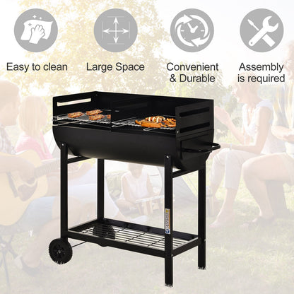 The black charcoal grill with icons indicating ease of use and assembly