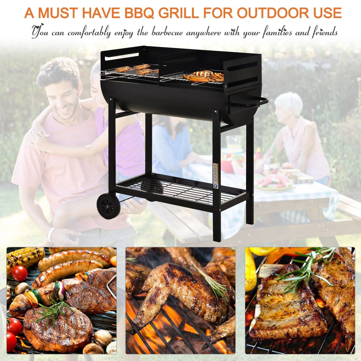 A black charcoal grill with food cooking on the grates and people enjoying a barbecue