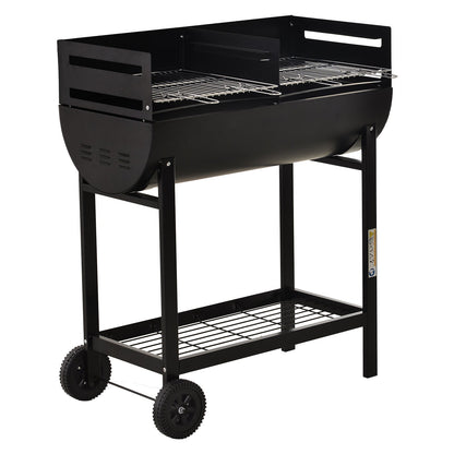 Outsunny Steel 2-Grill Charcoal BBQ w/ Wheels Black, a black charcoal grill with two cooking grates and wheels