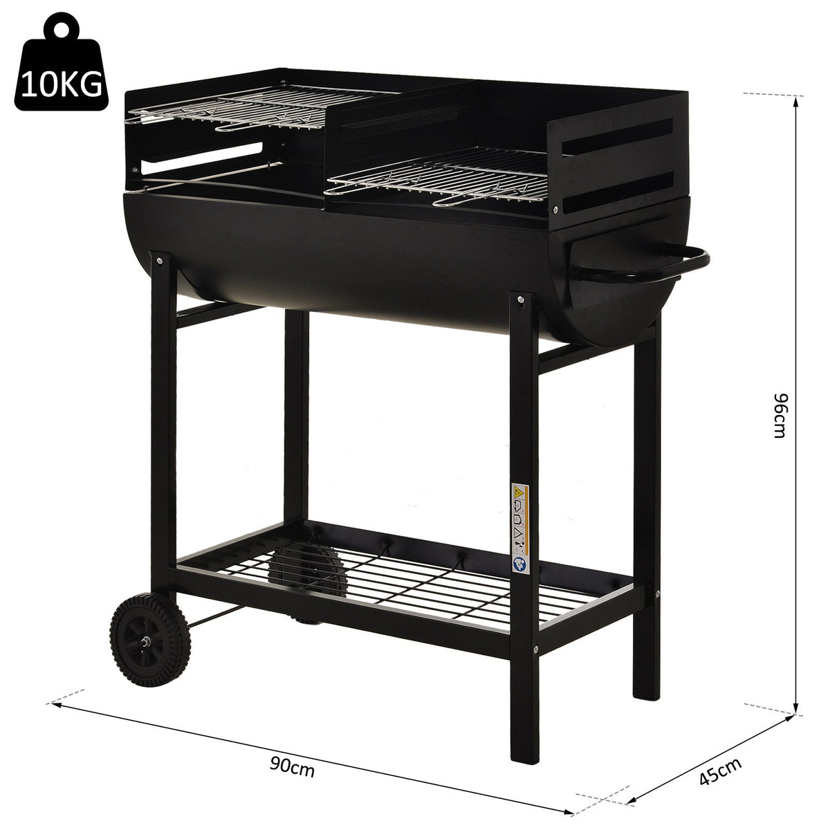 The black charcoal grill with dimensions shown in centimetres