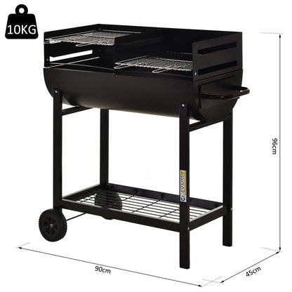 The black charcoal grill with dimensions shown in centimetres