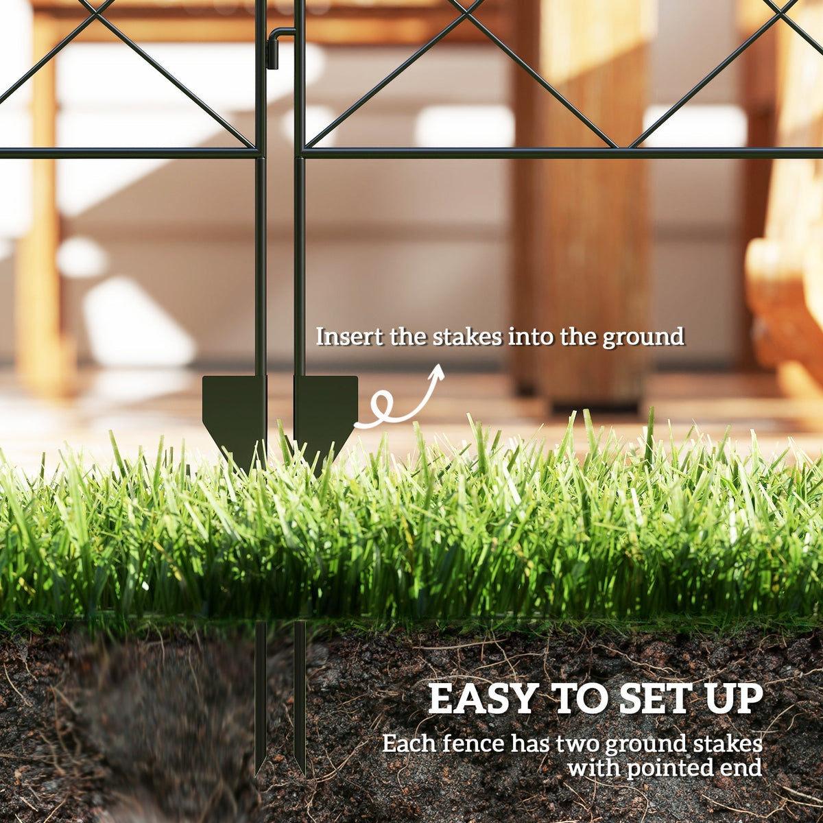 The garden fence showing how the pointed stakes insert into the ground