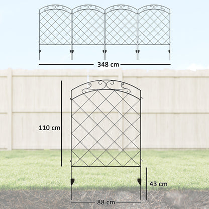 The metal fence panels showing height and width dimensions on a diagram