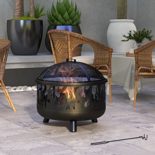 The fire pit burning on a patio surrounded by wicker garden furniture and potted plants