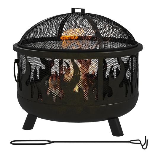 Outsunny Steel Fire Pit BBQ with a mesh lid and a metal poker tool on a plain white background