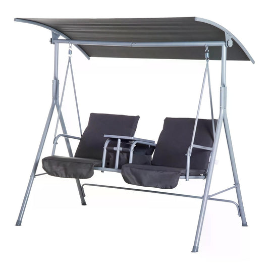 Outsunny Steel Frame 2-Seater Swing Chair w/ Table Grey on a plain white background