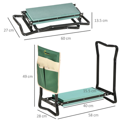 The garden kneeler shown in both folded and unfolded positions with dimension lines