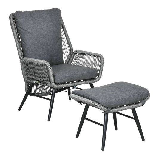 Outsunny String Rattan Armchair and Footstool Set with grey cushions
