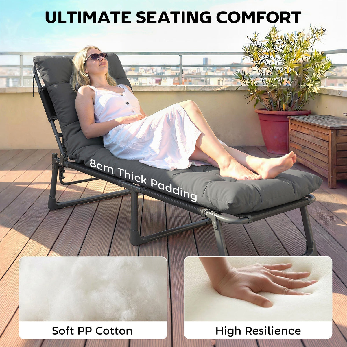 A woman relaxing on a sun lounger with a dark grey cushion, highlighting its padding