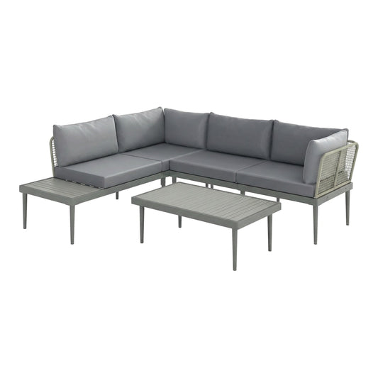 Outsunny Thee-Piece 'L' Rattan Sofa Set in grey with light grey cushions, shown from the front